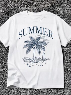 Gildan White Tee with Navy Palm Summer Graphic